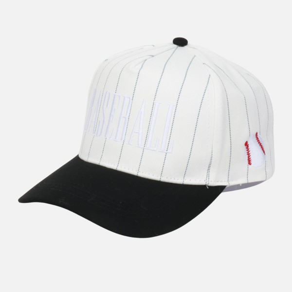Two Tone Pinstripe "BASEBALL" Embroidered Baseball Cap

- Baseball Side Embroidery 
- Snap Back Closure
- One Size Fits Most
- 100% Cotton