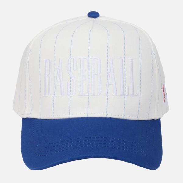Two Tone Pinstripe "BASEBALL" Embroidered Baseball Cap

- Baseball Side Embroidery 
- Snap Back Closure
- One Size Fits Most
- 100% Cotton
