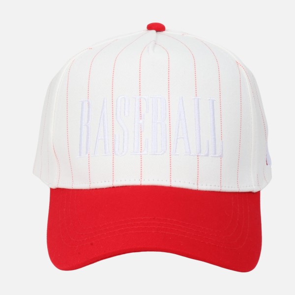 Two Tone Pinstripe "BASEBALL" Embroidered Baseball Cap

- Baseball Side Embroidery 
- Snap Back Closure
- One Size Fits Most
- 100% Cotton