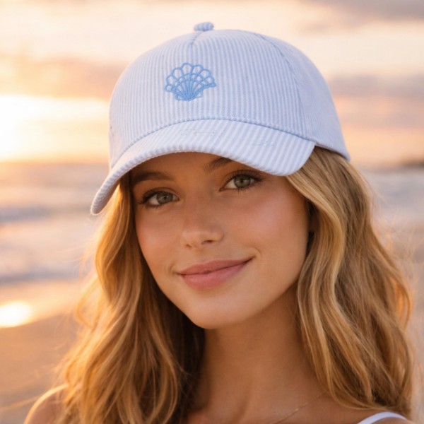 Skinny Stripe Hat With Embroidered Shell 

- Snap Back Closure
- One Size Fits Most
- 100% Cotton