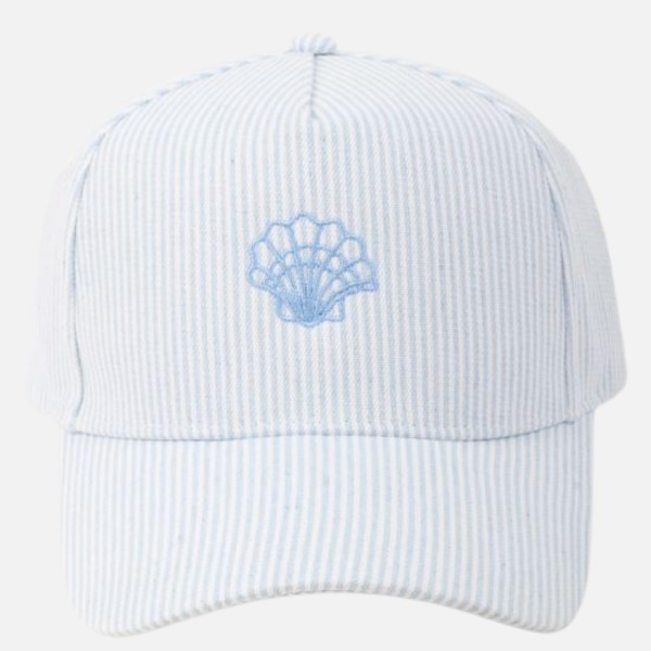 Skinny Stripe Hat With Embroidered Shell 

- Snap Back Closure
- One Size Fits Most
- 100% Cotton