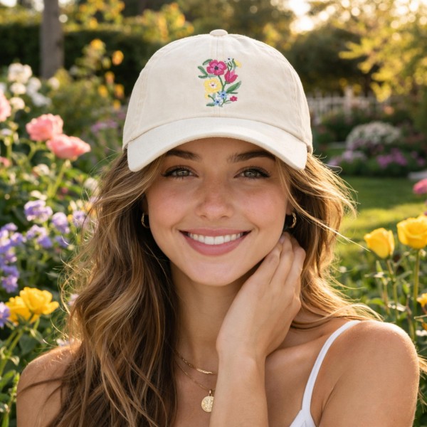 Flowers Embroidered Baseball Cap

- One Size Fits Most
- Slide Buckle Adjustment
- 100% Cotton