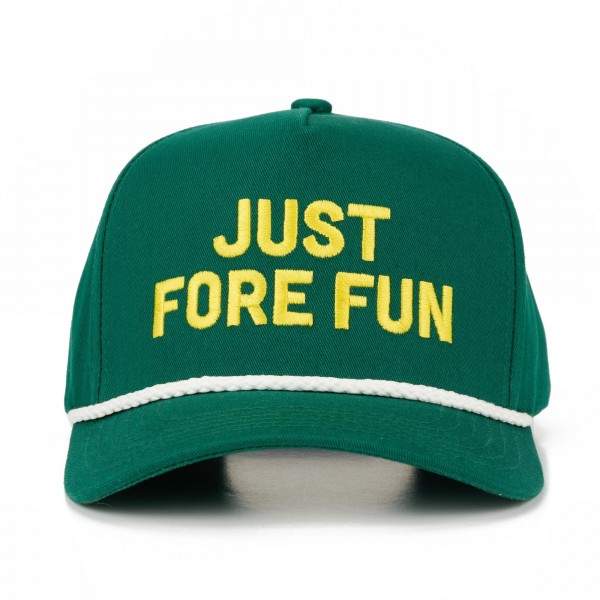 C.C TCM0195
Two Tone Canvas Embroidered "Just Fore Fun" Baseball Cap With Rope Band Detail 

- Snap Back Closure
- One Size Fits Most
- 100% Cotton