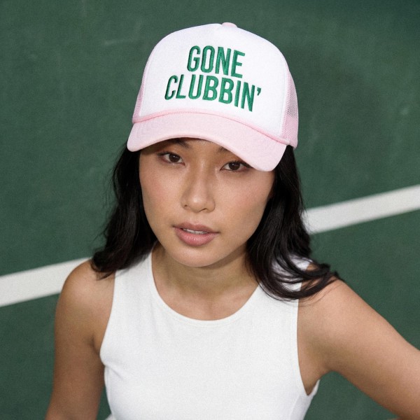 C.C TCM0191
Two Tone Embroidered "Gone Clubbin'" Trucker Cap

- Snap Back Closure
- One Size Fits Most
- 100% Cotton