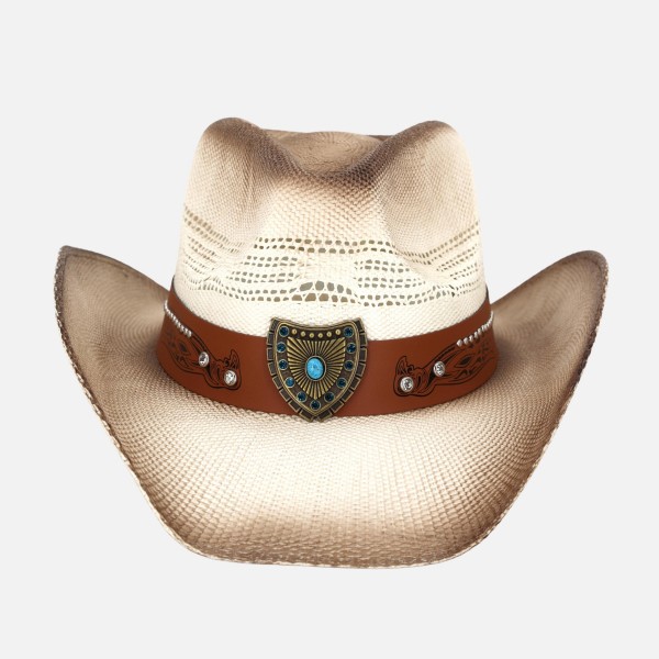 Vented Vintage Straw Cowboy Hat With Turquoise & Rhinestone Studded Shield Band 

- One Size Fits Most
- 100% Paper