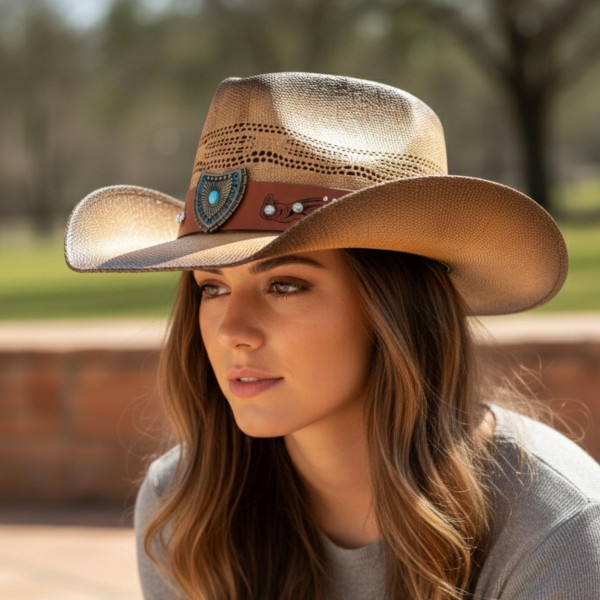 Vented Vintage Straw Cowboy Hat With Turquoise & Rhinestone Studded Shield Band 

- One Size Fits Most
- 100% Paper