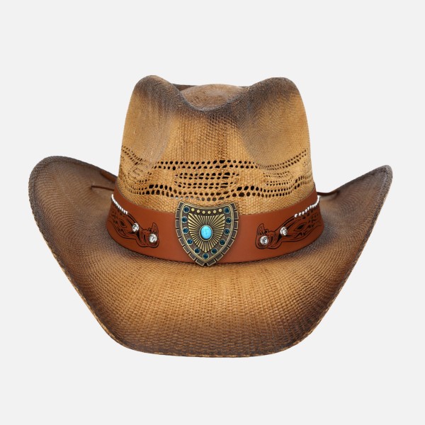Vented Vintage Straw Cowboy Hat With Turquoise & Rhinestone Studded Shield Band 

- One Size Fits Most
- 100% Paper