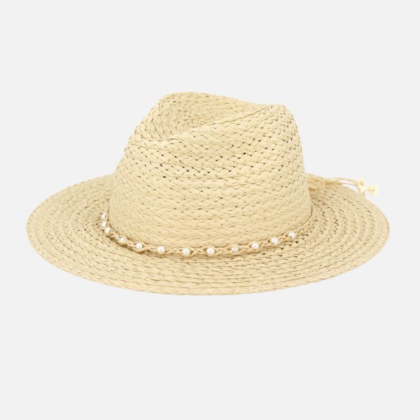 Straw Sun Hat Featuring Woven Pearl Band  

- One Size Fits Most
- 100% Paper