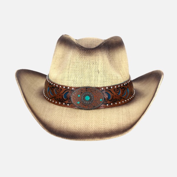 Two Tone Straw Cowboy Hat With Vegan Leather Band & Turquoise Details 

- One Size Fits Most
- 100% Paper