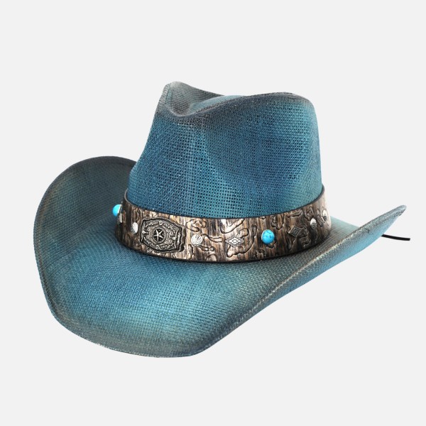 Vintage Straw Cowboy Hat With Rustic Studded Band & Star Concho - One Size Fits Most - 100% Paper view 5