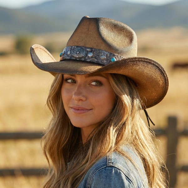 Vintage Straw Cowboy Hat With Rustic Studded Band & Star Concho  

- One Size Fits Most
- 100% Paper