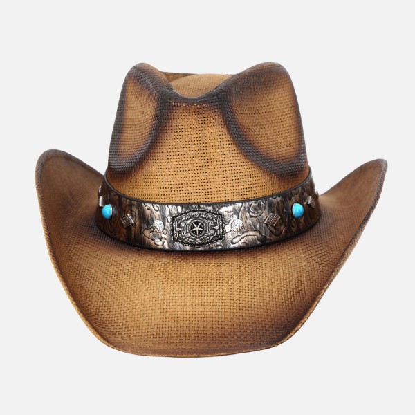 Vintage Straw Cowboy Hat With Rustic Studded Band & Star Concho  

- One Size Fits Most
- 100% Paper