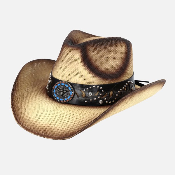 Vintage Straw Cowboy Hat With Studded Details & Bull Head Concho - One Size Fits Most - 100% Paper view 5