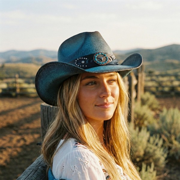 Vintage Straw Cowboy Hat With Studded Details & Bull Head Concho 

- One Size Fits Most
- 100% Paper