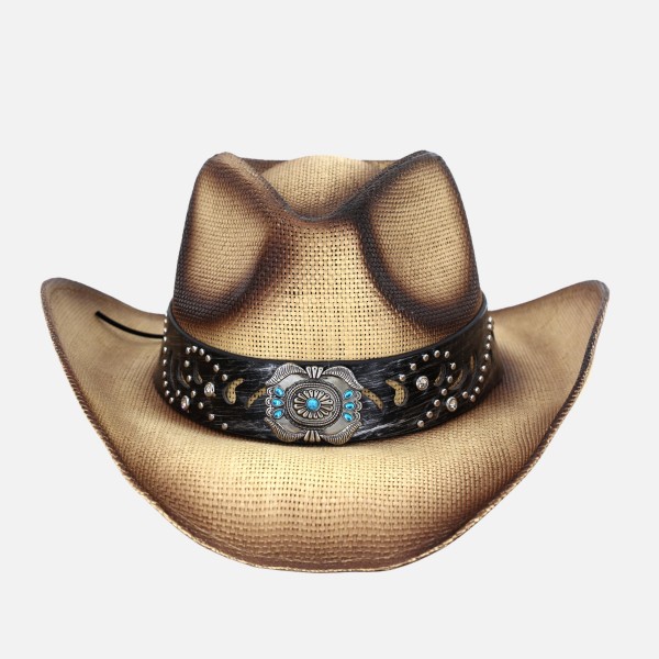 Vintage Straw Cowboy Hat With Turquoise Gem Flower Concho Band 

- One Size Fits Most
- 100% Paper