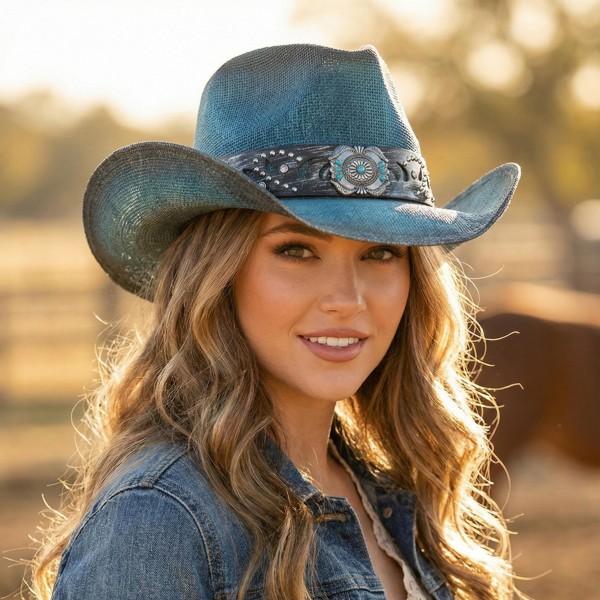 Vintage Straw Cowboy Hat With Turquoise Gem Flower Concho Band 

- One Size Fits Most
- 100% Paper