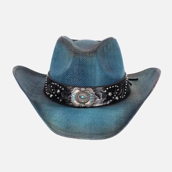 Vintage Straw Cowboy Hat With Turquoise Gem Flower Concho Band 

- One Size Fits Most
- 100% Paper