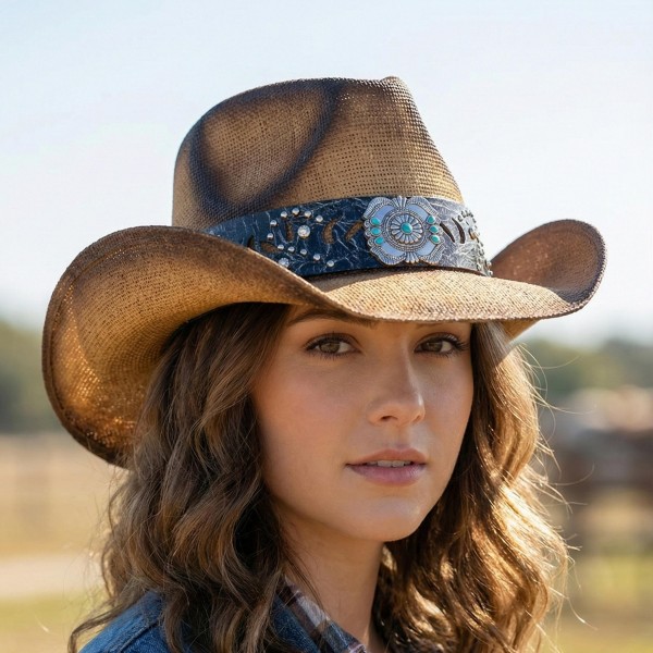 Vintage Straw Cowboy Hat With Turquoise Gem Flower Concho Band 

- One Size Fits Most
- 100% Paper