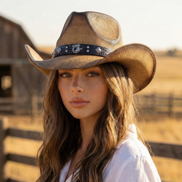 Vintage Straw Cowboy Hat With Vegan Leather Horseshoe Studded Band 

- One Size Fits Most
- 100% Paper