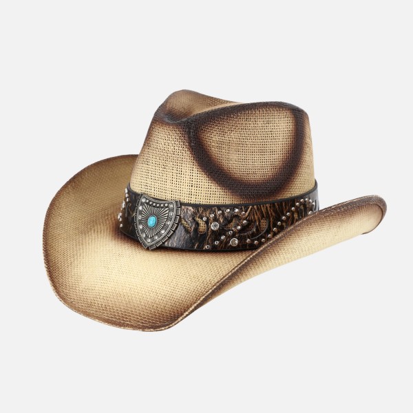 Vintage Straw Cowboy Hat With Studded Band & Turquoise Shield Detail - One Size Fits Most - 100% Paper view 5