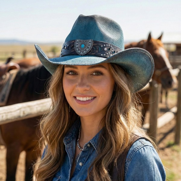 Vintage Straw Cowboy Hat With Studded Band & Turquoise Shield Detail 

- One Size Fits Most
- 100% Paper
