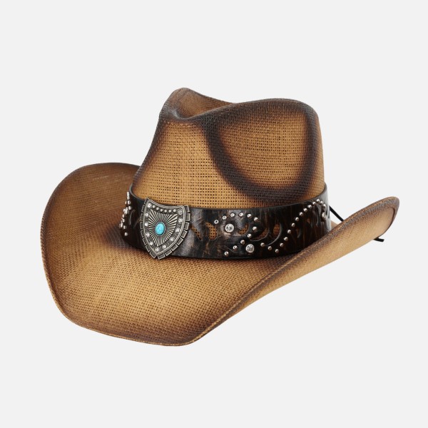 Vintage Straw Cowboy Hat With Studded Band & Turquoise Shield Detail 

- One Size Fits Most
- 100% Paper