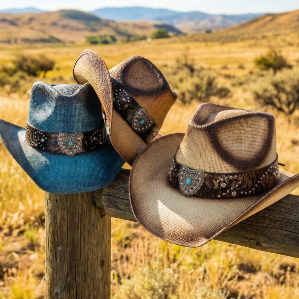 Vintage Straw Cowboy Hat With Studded Band & Turquoise Shield Detail - One Size Fits Most - 100% Paper view 5