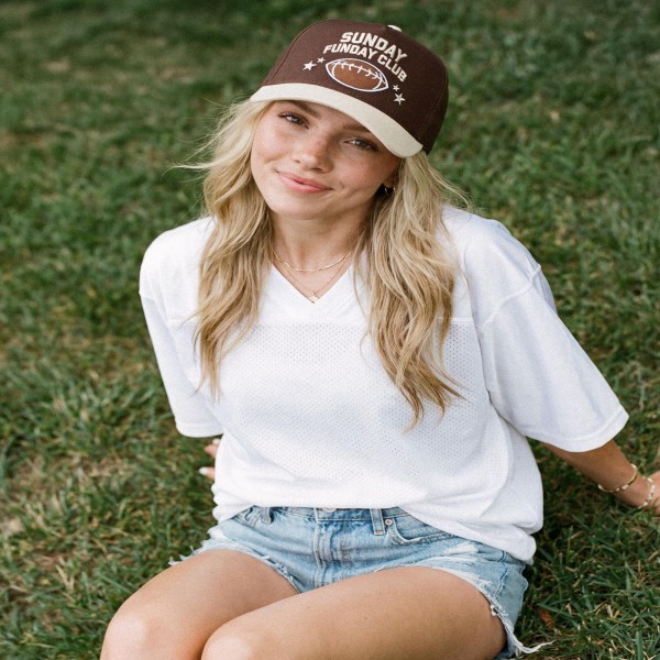 TCM0186
"SUNDAY FUNDAY CLUB" Embroidered Two Tone Football Cap

- One Size Fits Most
- Snap Back Closure
- 100% Cotton


