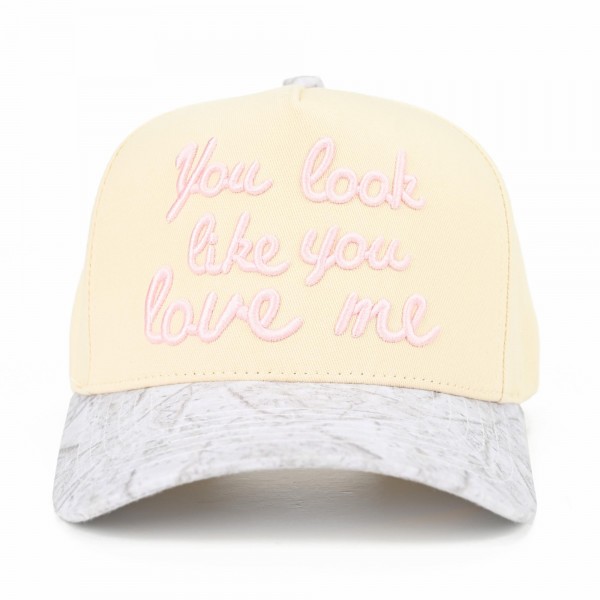 C.C TCM0052
"You Look Like You Love Me" Embroidered Three Tone baseball Cap 

- One Size Fits Most 
- Snap Back Closure 
- 100% Cotton 