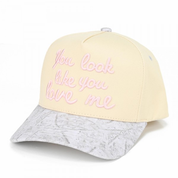 C.C TCM0052
"You Look Like You Love Me" Embroidered Three Tone baseball Cap 

- One Size Fits Most 
- Snap Back Closure 
- 100% Cotton 