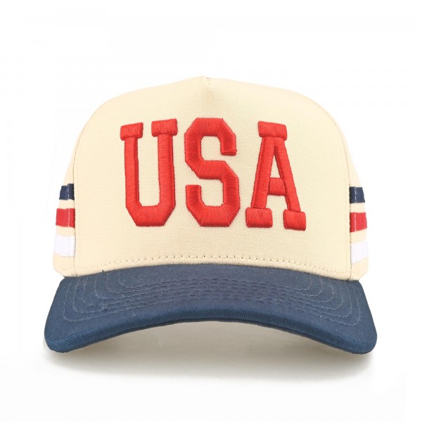 TCM0243
"USA" Embroidered Two Tone Baseball Cap With Stripe Details 

- One Size Fits Most
- Snap Back Closure
- 100% Cotton