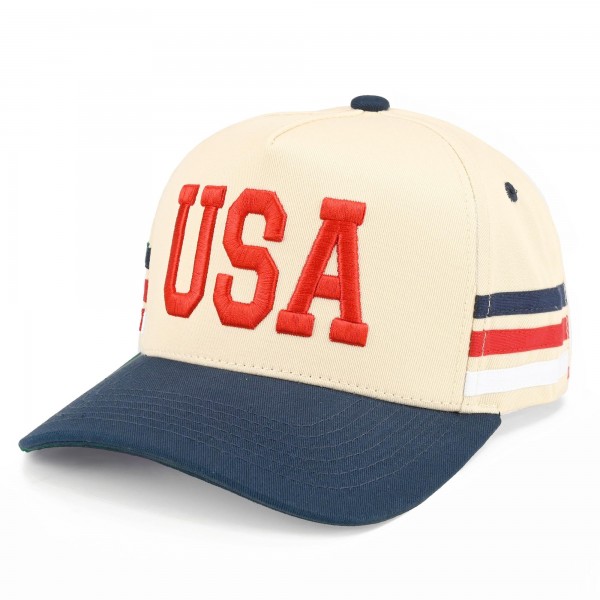 TCM0243
"USA" Embroidered Two Tone Baseball Cap With Stripe Details 

- One Size Fits Most
- Snap Back Closure
- 100% Cotton
