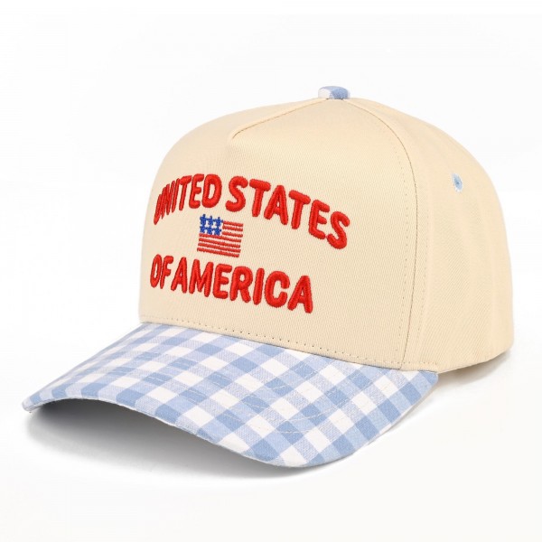 TCM0244
"UNITED STATES OF AMERICA" Embroidered Two Tone Gingham Baseball Cap

- One Size Fits Most
- Snap Back Closure
- 100% Cotton