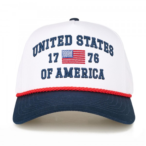 TCM0248
"UNITED STATES OF AMERICA 1776" Embroidered Two Tone Baseball Cap With Rope Detail 

- One Size Fits Most
- Snap Back Closure
- 100% Cotton