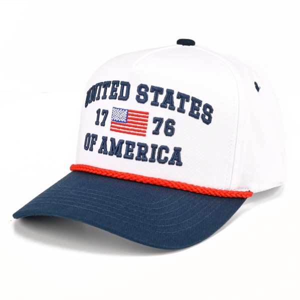 TCM0248
"UNITED STATES OF AMERICA 1776" Embroidered Two Tone Baseball Cap With Rope Detail 

- One Size Fits Most
- Snap Back Closure
- 100% Cotton