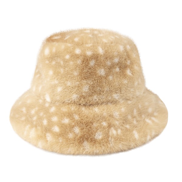 Fawn Print Faux Fur Bucket Hat made from plush, ultra soft faux fur printed with a charming fawn spot pattern. The relaxed brim and cozy crown keep heads warm while adding instant texture to winter outfits. Perfect for holiday markets, weekend getaways, game days, and cold weather errands. A trend right statement hat that sells on its own or as a set with the matching scarf and headwrap.