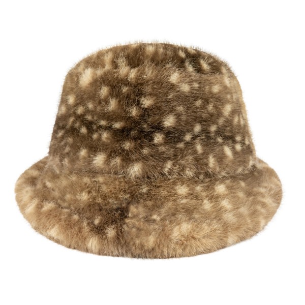 Fawn Print Faux Fur Bucket Hat made from plush, ultra soft faux fur printed with a charming fawn spot pattern. The relaxed brim and cozy crown keep heads warm while adding instant texture to winter outfits. Perfect for holiday markets, weekend getaways, game days, and cold weather errands. A trend right statement hat that sells on its own or as a set with the matching scarf and headwrap.