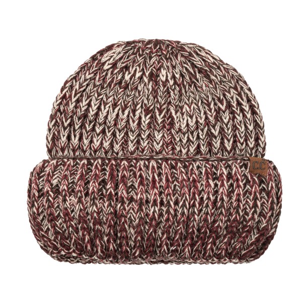 Cuffed knit beanie in a chunky marled yarn with a deep fold over brim that covers the ears and sits low on the forehead. The heathered twist gives dimension that flat solids cannot match, and it hides everyday wear well through a long season. Stretches to fit most head sizes and holds its shape from November to March. Knit beanies turn faster than almost anything else on a cold weather display.