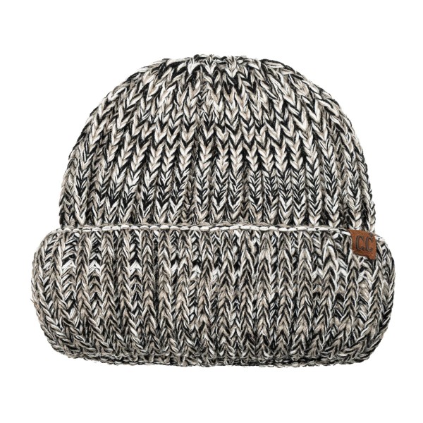 Cuffed knit beanie in a chunky marled yarn with a deep fold over brim that covers the ears and sits low on the forehead. The heathered twist gives dimension that flat solids cannot match, and it hides everyday wear well through a long season. Stretches to fit most head sizes and holds its shape from November to March. Knit beanies turn faster than almost anything else on a cold weather display.