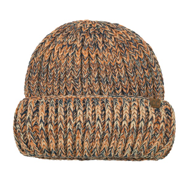 Cuffed knit beanie in a chunky marled yarn with a deep fold over brim that covers the ears and sits low on the forehead. The heathered twist gives dimension that flat solids cannot match, and it hides everyday wear well through a long season. Stretches to fit most head sizes and holds its shape from November to March. Knit beanies turn faster than almost anything else on a cold weather display.