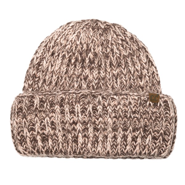 Cuffed knit beanie in a chunky marled yarn with a deep fold over brim that covers the ears and sits low on the forehead. The heathered twist gives dimension that flat solids cannot match, and it hides everyday wear well through a long season. Stretches to fit most head sizes and holds its shape from November to March. Knit beanies turn faster than almost anything else on a cold weather display.