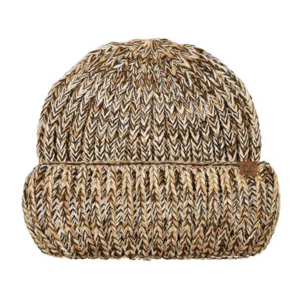 Cuffed knit beanie in a chunky marled yarn with a deep fold over brim that covers the ears and sits low on the forehead. The heathered twist gives dimension that flat solids cannot match, and it hides everyday wear well through a long season. Stretches to fit most head sizes and holds its shape from November to March. Knit beanies turn faster than almost anything else on a cold weather display.