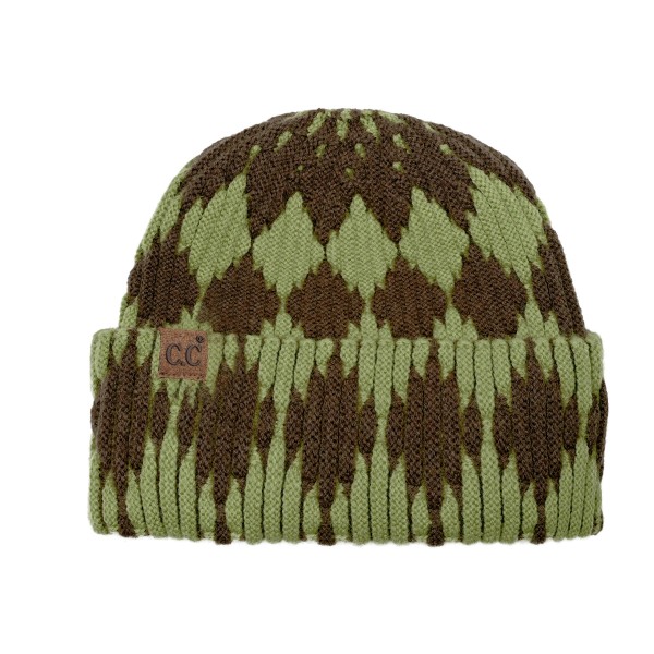 Cuffed knit beanie in a two tone diamond pattern with a deep fold over brim that sits low across the forehead and covers the ears. The chunky rib knit has enough stretch for most head sizes without losing its shape after a wash. A patterned take on the cuffed beanie that stands out beside the solids already on the rack. Knit beanies are the highest turning cold weather accessory most shops carry.