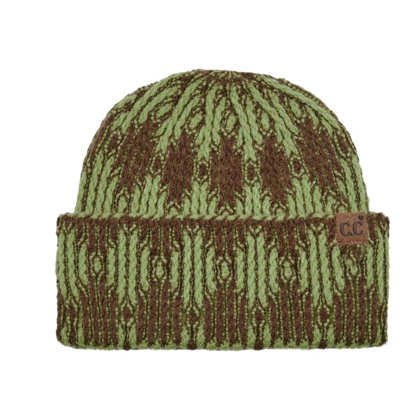 Cuffed knit beanie in a two tone diamond pattern with a deep fold over brim that sits low across the forehead and covers the ears. The chunky rib knit has enough stretch for most head sizes without losing its shape after a wash. A patterned take on the cuffed beanie that stands out beside the solids already on the rack. Knit beanies are the highest turning cold weather accessory most shops carry.