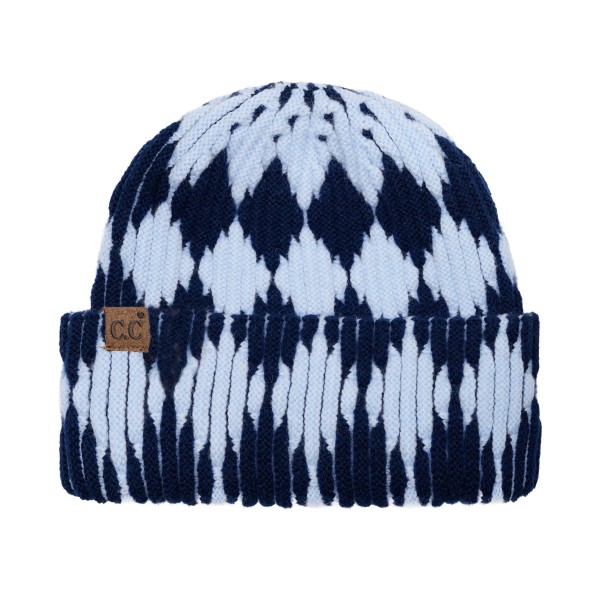 Cuffed knit beanie in a two tone diamond pattern with a deep fold over brim that sits low across the forehead and covers the ears. The chunky rib knit has enough stretch for most head sizes without losing its shape after a wash. A patterned take on the cuffed beanie that stands out beside the solids already on the rack. Knit beanies are the highest turning cold weather accessory most shops carry.