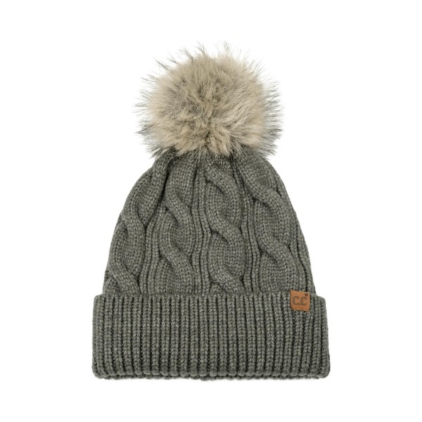 Cable Knit Faux Fur Pom Beanie with a classic braided cable crown, a wide ribbed cuff, and a plush natural tipped faux fur pom. The soft, stretchy knit fits most adults and folds up for extra warmth over the ears. Perfect for ski lodges, holiday markets, cold football nights, and everyday winter errands. Timeless cable pom beanies are a year after year best seller and an easy stocking stuffer for teens and moms.