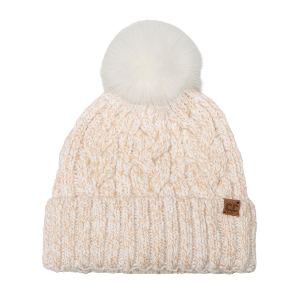 Marled Cable Knit Pom Beanie with a chunky twisted cable texture, a ribbed fold over cuff, and a fluffy faux fur pom on top. The soft heathered yarn has a cozy, handknit look that pairs with puffers, parkas, and wool coats. Perfect for ski trips, holiday markets, school pickups, and everyday winter wear. Pom beanies are a top cold weather seller and an easy stocking stuffer customers buy in multiples.