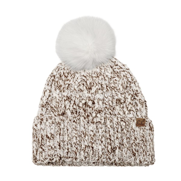 Marled Cable Knit Pom Beanie with a chunky twisted cable texture, a ribbed fold over cuff, and a fluffy faux fur pom on top. The soft heathered yarn has a cozy, handknit look that pairs with puffers, parkas, and wool coats. Perfect for ski trips, holiday markets, school pickups, and everyday winter wear. Pom beanies are a top cold weather seller and an easy stocking stuffer customers buy in multiples.