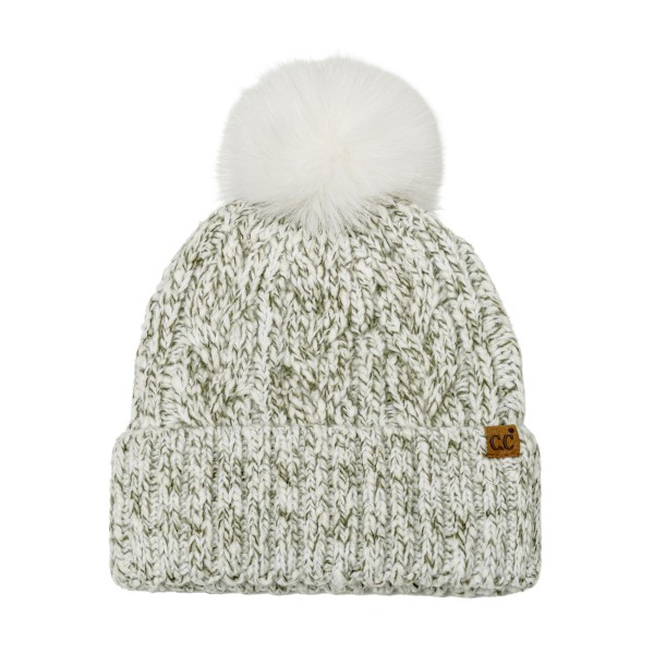Marled Cable Knit Pom Beanie with a chunky twisted cable texture, a ribbed fold over cuff, and a fluffy faux fur pom on top. The soft heathered yarn has a cozy, handknit look that pairs with puffers, parkas, and wool coats. Perfect for ski trips, holiday markets, school pickups, and everyday winter wear. Pom beanies are a top cold weather seller and an easy stocking stuffer customers buy in multiples.