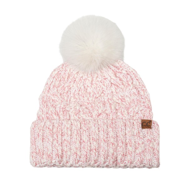 Marled Cable Knit Pom Beanie with a chunky twisted cable texture, a ribbed fold over cuff, and a fluffy faux fur pom on top. The soft heathered yarn has a cozy, handknit look that pairs with puffers, parkas, and wool coats. Perfect for ski trips, holiday markets, school pickups, and everyday winter wear. Pom beanies are a top cold weather seller and an easy stocking stuffer customers buy in multiples.